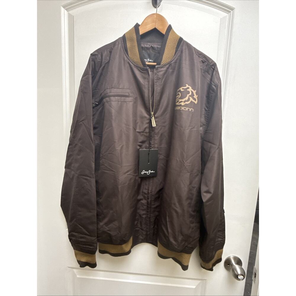 Sean John Men’s Bomber Jacket Brown Tan Ribbed Collar Full Zip NWT Size XL